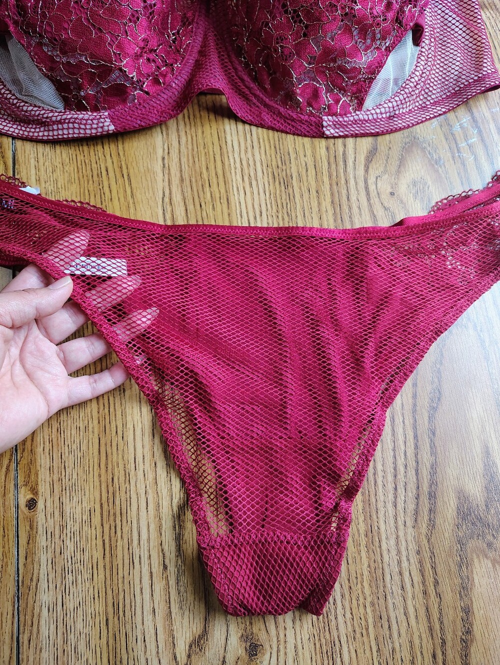 Adore Me Women's Lace Mesh Underwire Bra & Bikini Set Deep Wine sz 46DD. - Picture 6 of 16